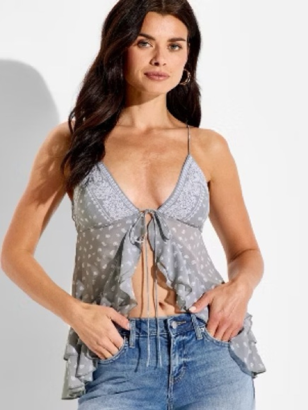 wild fable Light Gray Ruffle Tie-Front Camisole